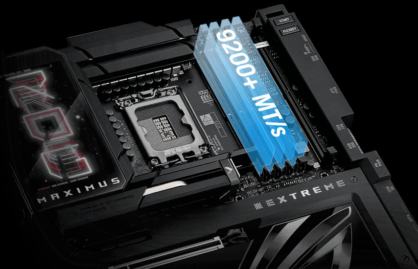 Cette image montre une carte mère ASUS ROG Maximus de nouvelle génération, conçue pour prendre en charge des vitesses de mémoire DDR5 supérieures à 9200 MT/s. Elle met en avant la compatibilité logicielle avec les profils XMP (Intel) et EXPO (AMD), essentielle pour l’optimisation automatique des performances RAM via le BIOS/UEFI. Cette prise en charge native permet aux utilisateurs de sélectionner des profils mémoire avancés sans réglage manuel, tout en garantissant la stabilité système et la compatibilité multiplateforme.