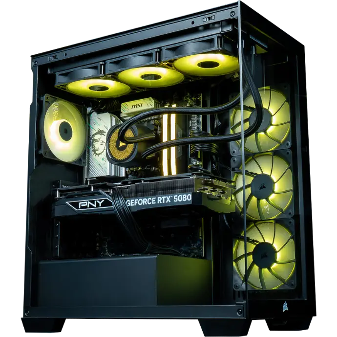 Gaming-pc in een behuizing met glas, met geel verlichte ventilatoren, gebouwd door FlowUP