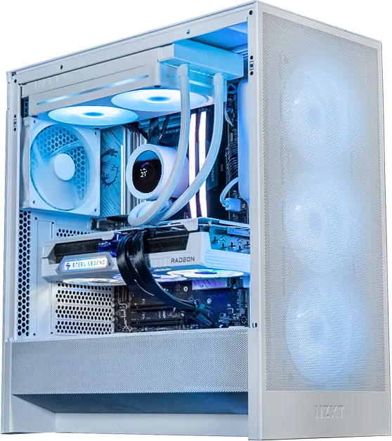 Witte gaming-pc met waterkoeling en blauw verlichte ventilatoren