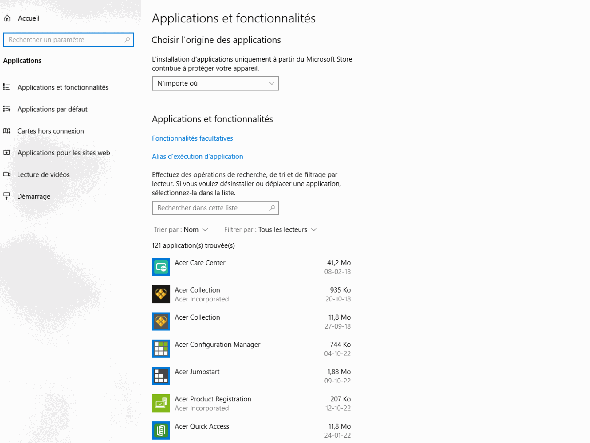 applications et fonctionnalités windows