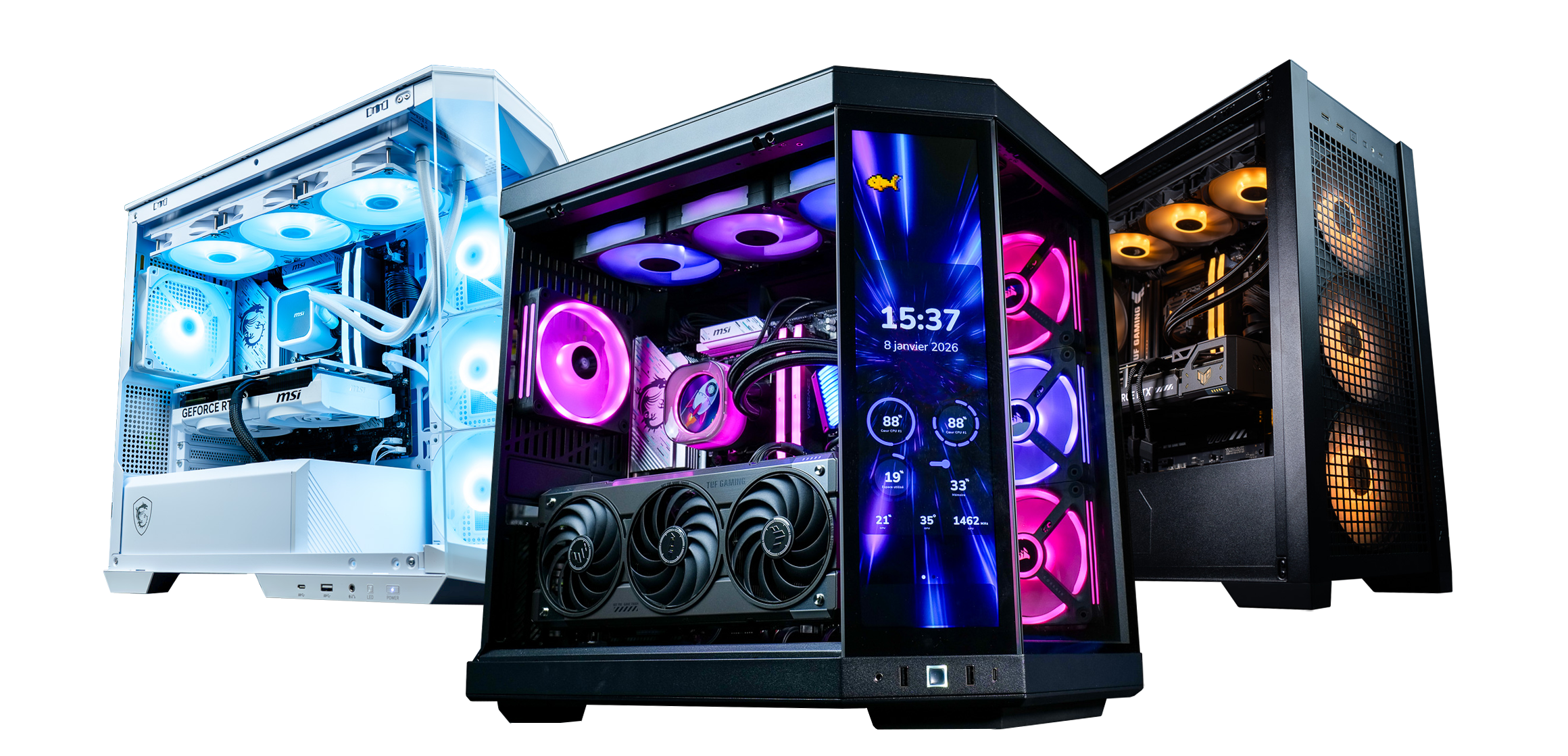 Trois PC gamer haute performance FlowUP avec boîtiers vitrés rétroéclairage RGB personnalisable et composants MSI ASUS et Corsair