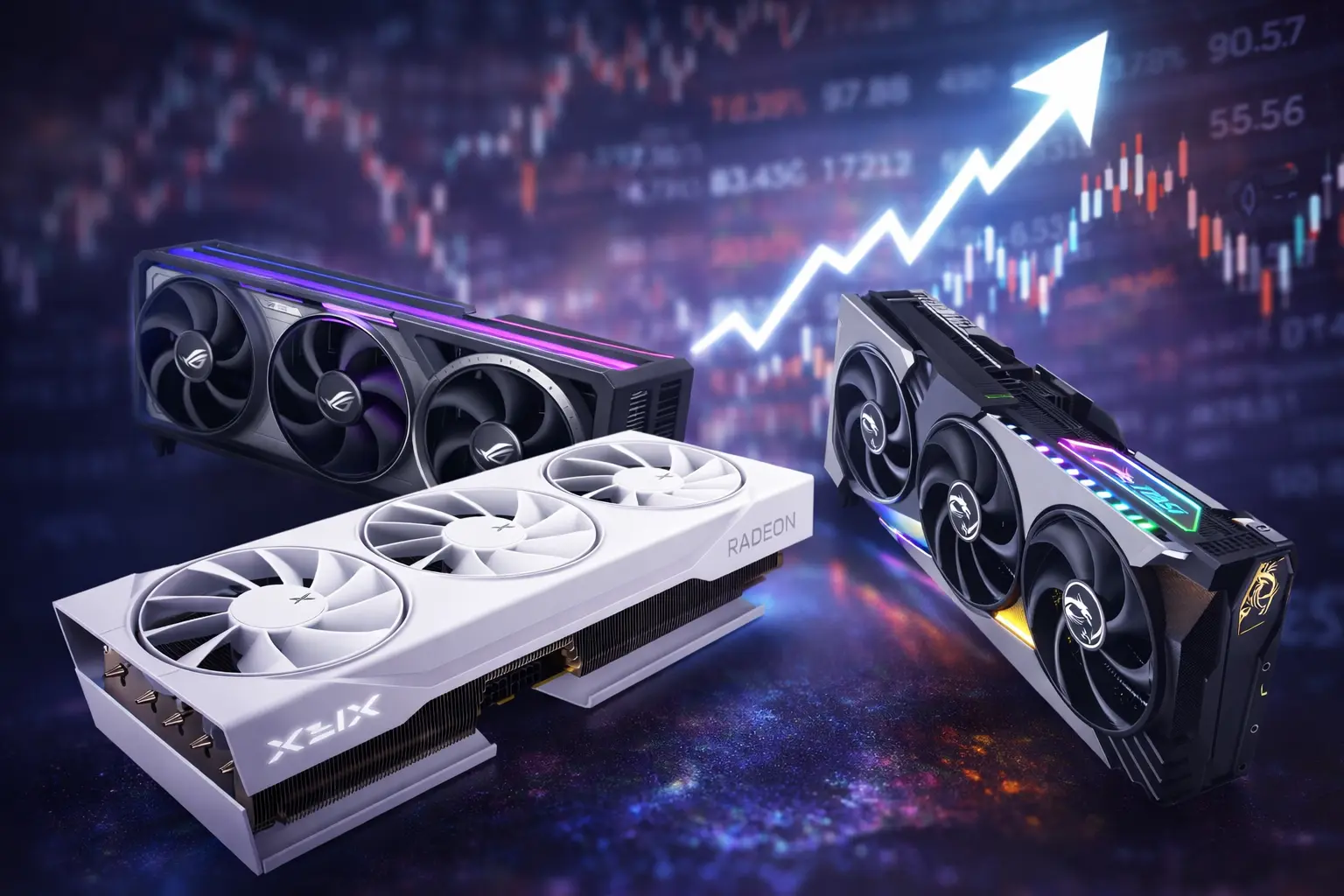 Vue cartes graphiques ASUS ROG MSI et XFX avec graphiques boursiers en arrière plan illustrant la hausse des prix