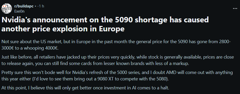 Capture d'écran d'un post Reddit sur la pénurie et l'explosion du prix de la carte graphique NVIDIA RTX 5090 en Europe FlowUP