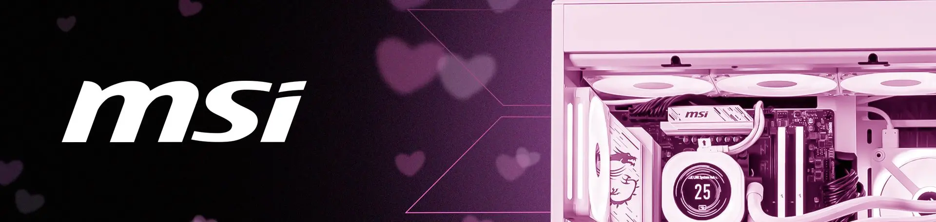 Bannière promotionnelle MSI avec logo de la marque et composants de PC gamer rétroéclairés en rose sur FlowUP