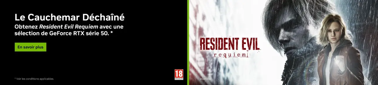 Bannière promotionnelle Resident Evil Requiem avec NVIDIA GeForce RTX série 50 sur site PC gamer FlowUP offre gaming RTX 50 DLSS 4