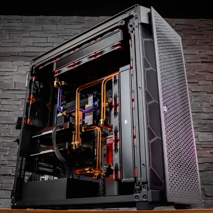 PC TITAN X double RTX 5090 watercooling custom avec tubes rigides RGB boîtier grand tour ultra haute performance IA rendering