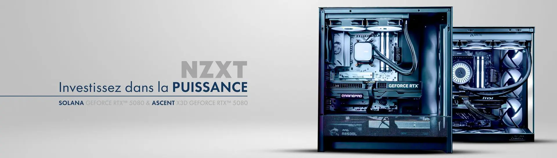 PC gamer NZXT FlowUP avec GeForce RTX série 50 - configuration gaming premium Solana et Ascent X3D