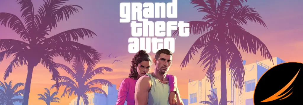 Illustration officielle de GTA 6 avec les deux personnages principaux devant des palmiers à Vice City au coucher du soleil