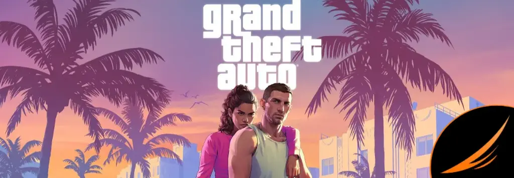 Illustration Grand Theft Auto avec couple au premier plan, palmiers et ambiance néon tropicale style Vice City pour jeu vidéo open world