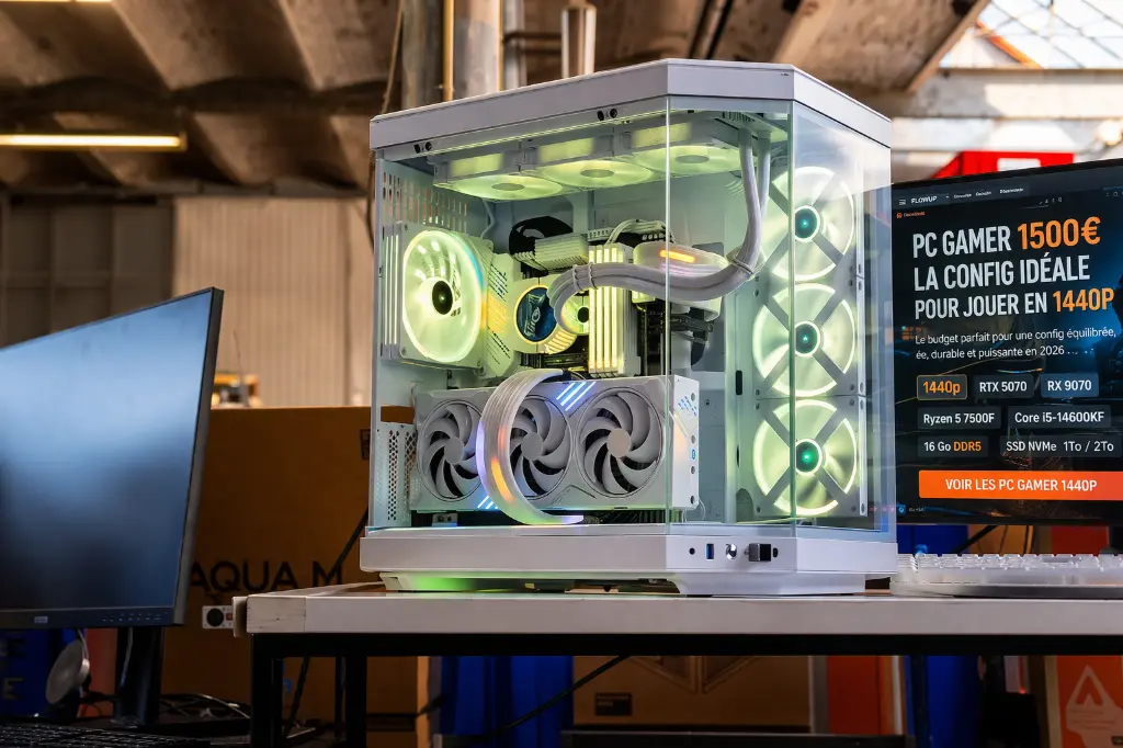 PC gamer 1500€ blanc avec boîtier vitré RGB, configuration idéale pour jouer en 1440p affichée sur écran FlowUP
