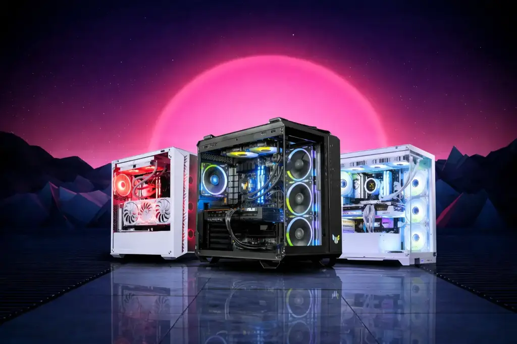 PC gamer RGB FlowUP avec trois boîtiers gaming noir et blancs sur fond néon rétro futuriste 80s