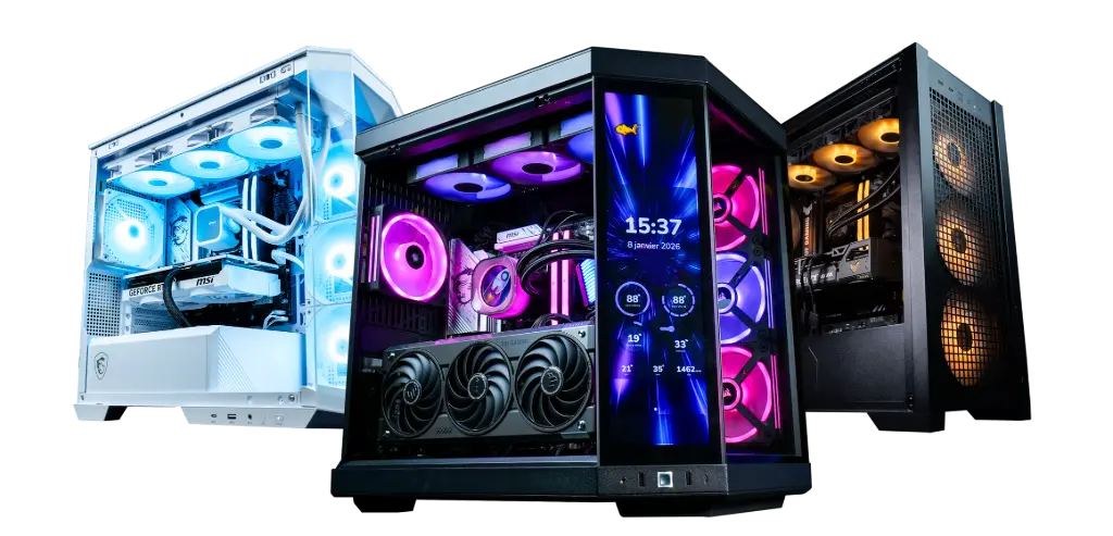 Configuration PC gamer RGB avec boîtier vitré, carte graphique RTX, watercooling AIO et ventilateurs ARGB - setup gaming haute performance