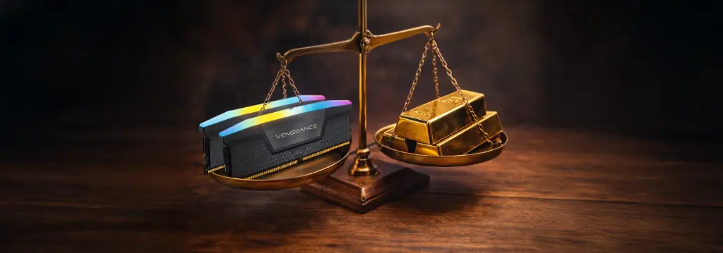 RAM stick on a scale opposite gold ingots, symbolising the rise in memory prices