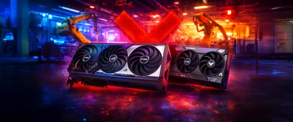 Cartes graphiques ASUS GeForce RTX ROG Strix et TUF Gaming dans une scène gaming futuriste en usine
