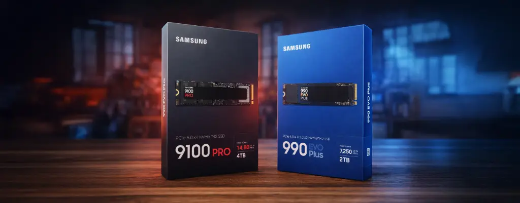 SSD Samsung 9100 Pro et 990 EVO Plus NVMe M.2 en packaging sur table en bois
