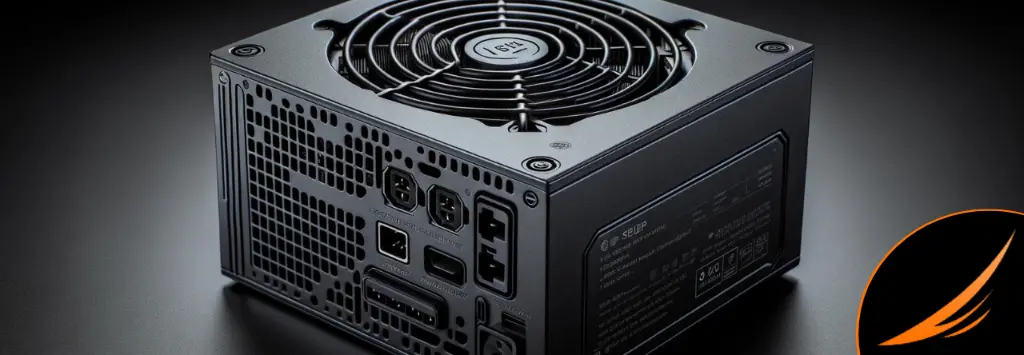 Black modular PC power supply seen from the back