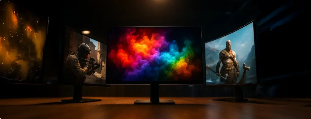 Installation multi écran gaming affichant des visuels haute définition pour une immersion totale avec un PC gamer FlowUP