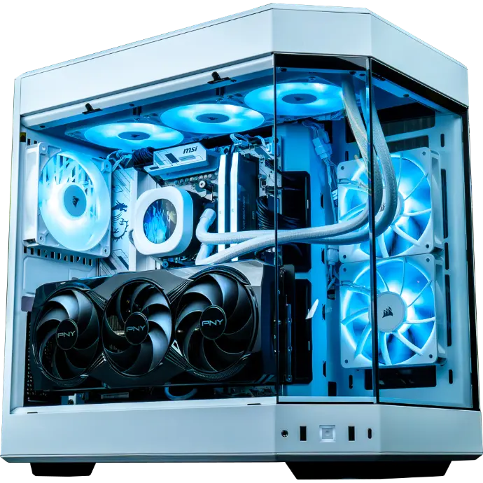 PC gamer blanc haut de gamme FlowUP avec carte graphique PNY GeForce RTX, watercooling RGB et boîtier panoramique en verre trempé