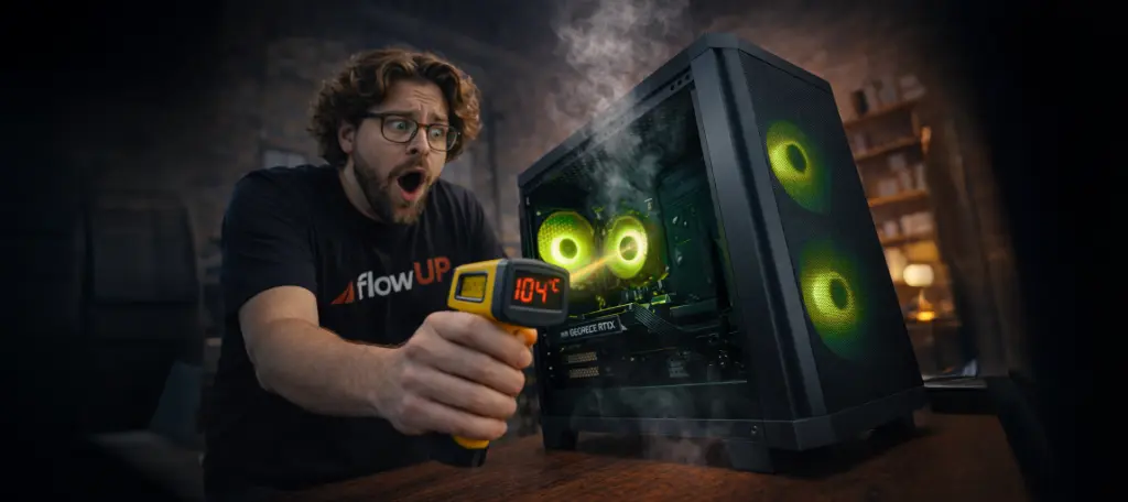 PC gamer qui surchauffe avec température élevée mesurée au thermomètre infrarouge, ventilateurs RGB verts et problème de refroidissement en jeu