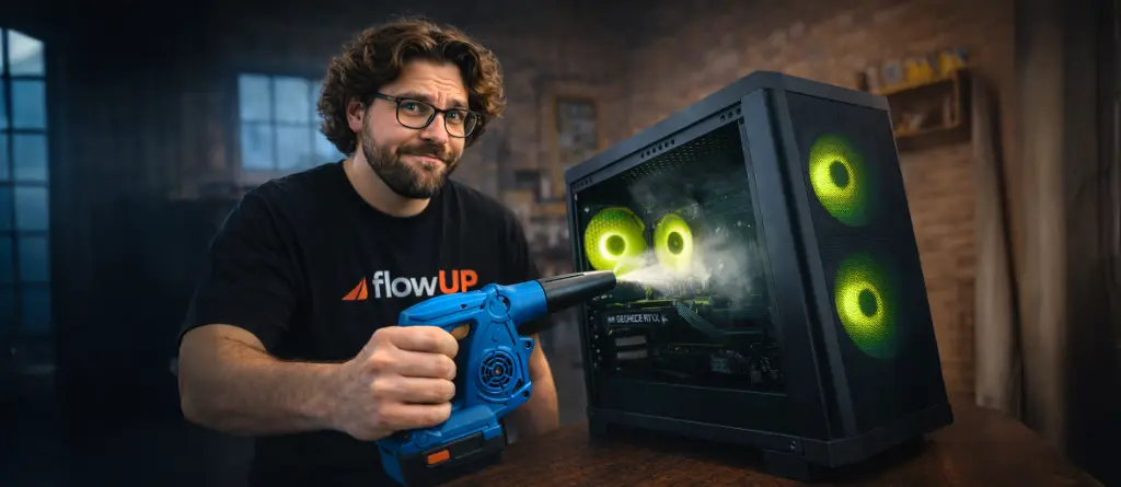 nettoyage PC gamer avec souffleur air, dépoussiérage ventilateurs RGB et amélioration du refroidissement pour éviter la surchauffe