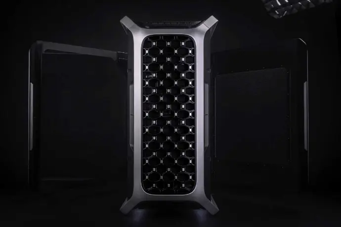 Façade du Cooler Master Cosmos Alpha avec grille mesh alvéolée, boîtier PC full tower premium optimisé pour airflow, refroidissement avancé et configuration gaming haut de gamme