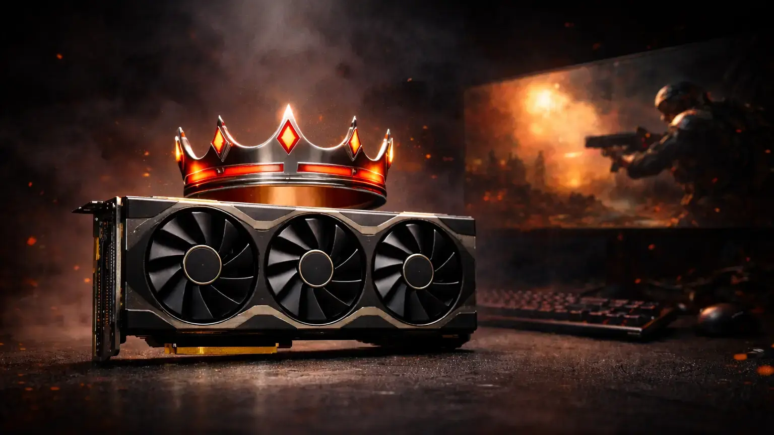 Carte graphique AMD Radeon RX 9070 XT triple ventilateur avec couronne rouge dans un setup gaming immersif symbole du meilleur rapport qualité prix