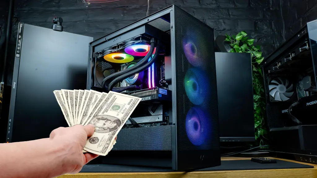 RGB gaming-pc met een GeForce RTX-grafische kaart en bankbiljetten ernaast