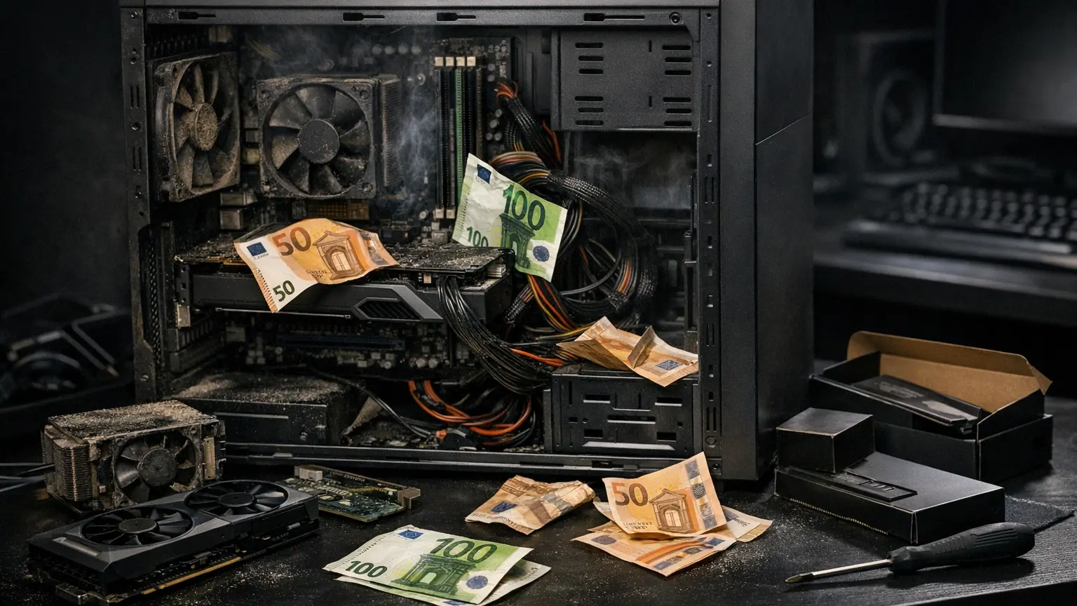 PC gaming poussiéreux avec composants usés et billets en euros illustrant le coût des réparations et l’entretien d’un ordinateur gamer