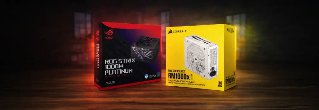 Alimentations PC ASUS ROG Strix 1000W Platinum et Corsair RM1000x pour configuration gaming haut de gamme avec puissance et stabilité optimale