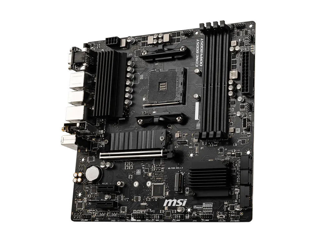 Carte mère MSI AM5 avec chipset AMD, support DDR5 et connectique complète pour PC gaming performant
