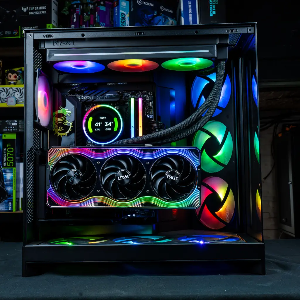 PC gaming RGB avec carte graphique Palit GeForce RTX, watercooling NZXT et ventilateurs ARGB pour configuration haut de gamme performante