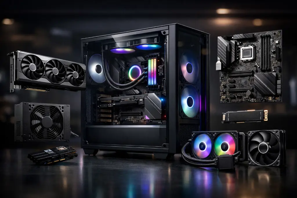 Composants PC gaming avec boîtier RGB, carte graphique, carte mère, SSD, alimentation et watercooling pour configuration complète haute performance
