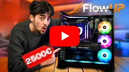 Miniature YouTube présentant son PC gamer FlowUP avec éclairage RGB et carte graphique GeForce RTX
