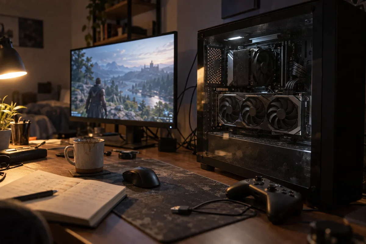 PC gamer au boîtier vitré et écran 27 pouces, le setup 1440p visé par la RTX 5070