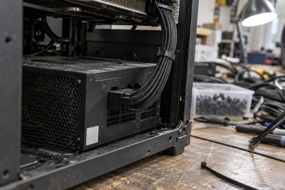 Alimentation modulaire avec câble 16 broches gainé relié à la carte graphique, le branchement à prévoir pour une RTX 5070