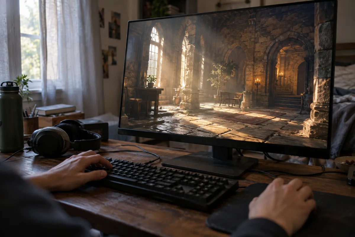 Scène de jeu éclairée par le soleil qui rebondit sur les murs, un exemple d'éclairage global en ray tracing