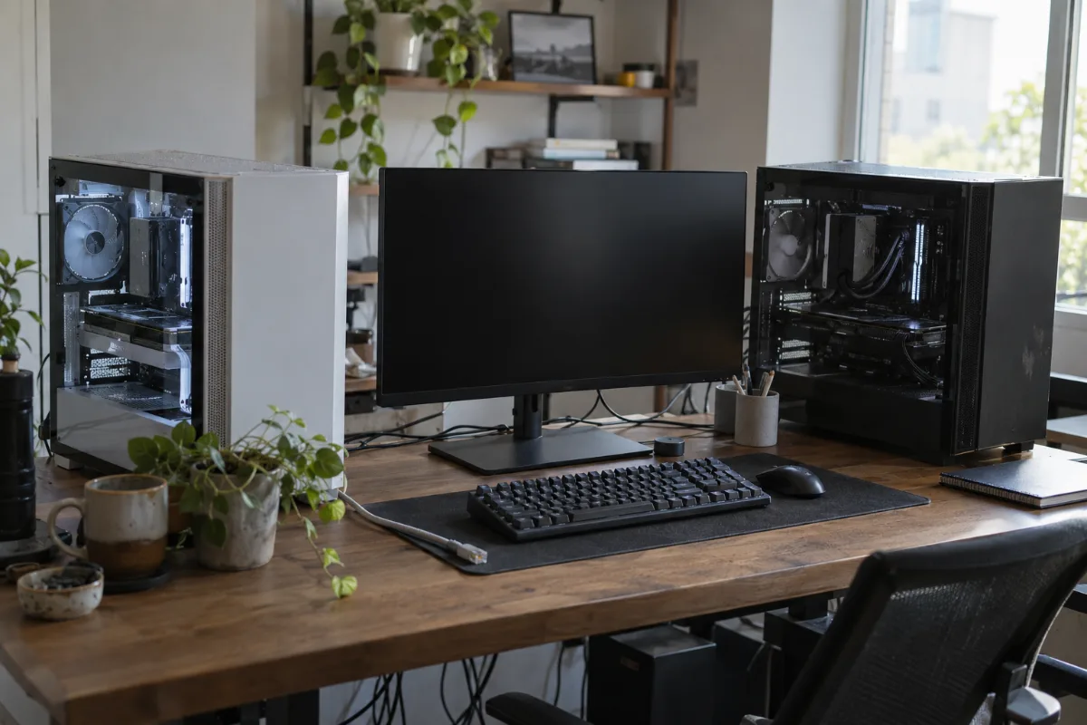 Deux PC gamer, un blanc et un noir, sur un bureau : deux façons de jouer en 1440p