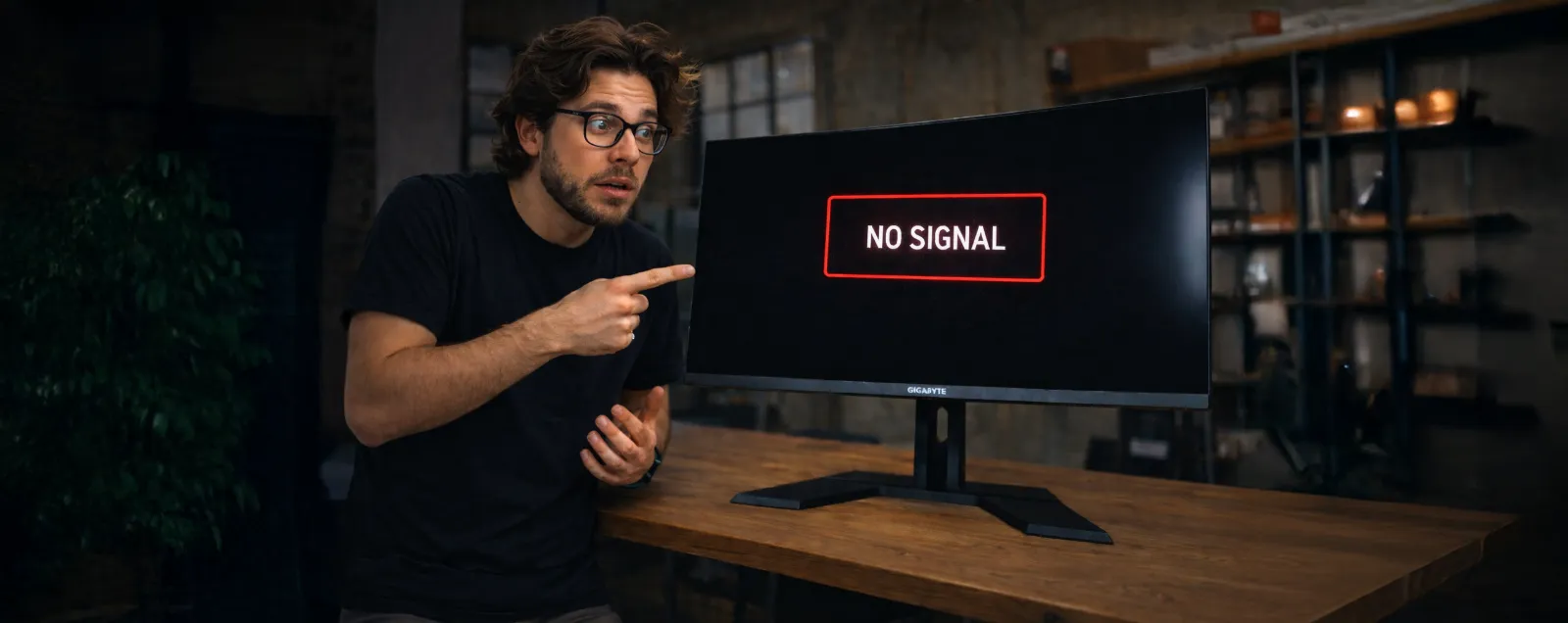Pc-scherm waarop bij het opstarten “No signal” verschijnt, op een bureau