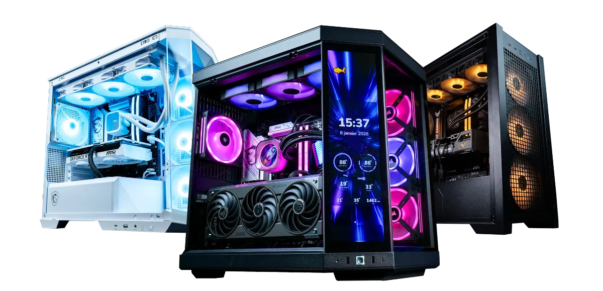 Drie gemonteerde FlowUP gaming-pc’s, verlichte glazen behuizingen