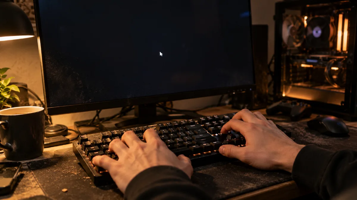 Handen op een toetsenbord voor een zwart scherm, Windows-sneltoets om het grafische stuurprogramma opnieuw te starten