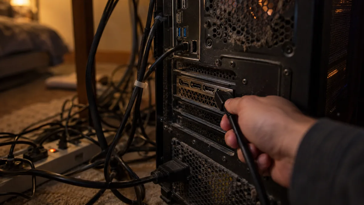 Videokabel aangesloten op een aansluiting van de grafische kaart, aan de achterkant van een gaming-pc