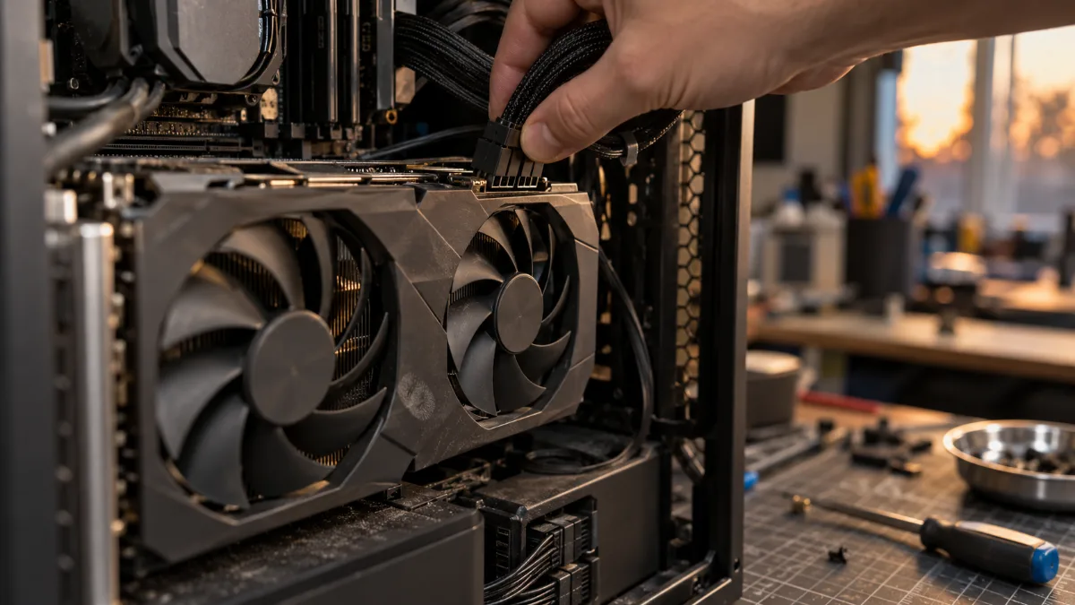 8-pin PCIe power cable connected to a dual-fan graphics card
