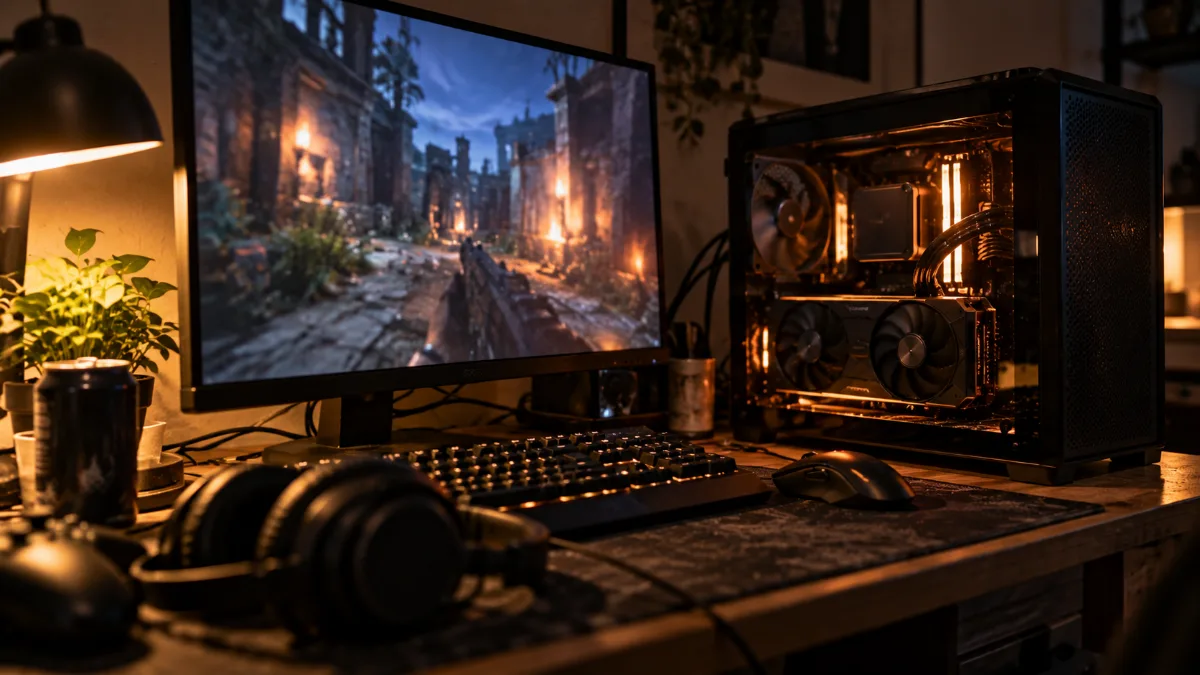Compact gaming PC with a dual-fan graphics card on a desk, game shown in Full HD