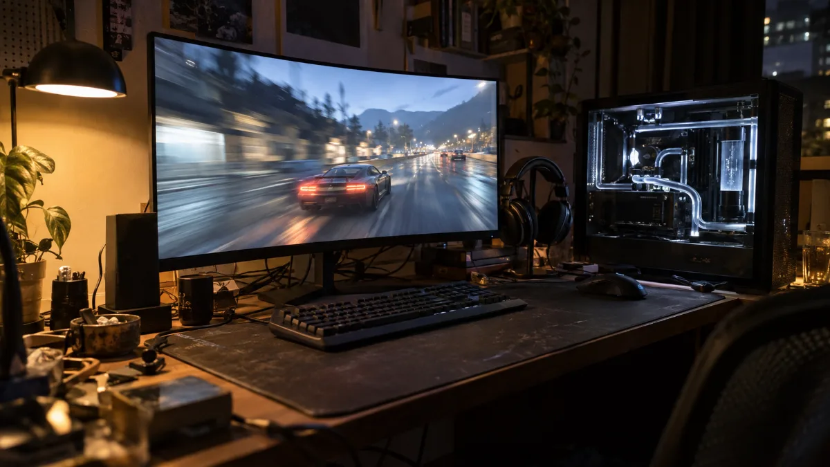 High-end gaming-pc op een bureau met een gamingmonitor van 1440p