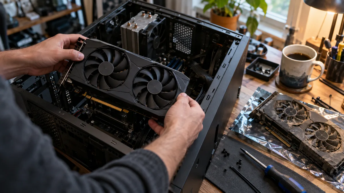 Compact dual-fan graphics card sitting above an open PC case before installation