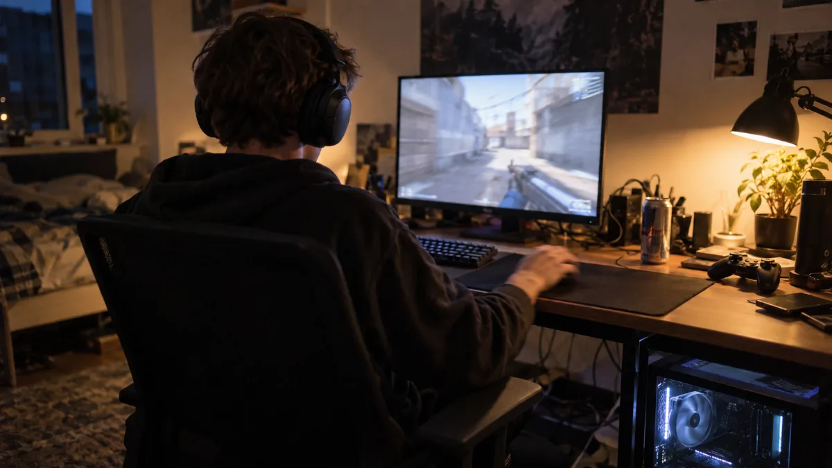 Competitive gamer in front of a 24-inch screen and a compact gaming PC