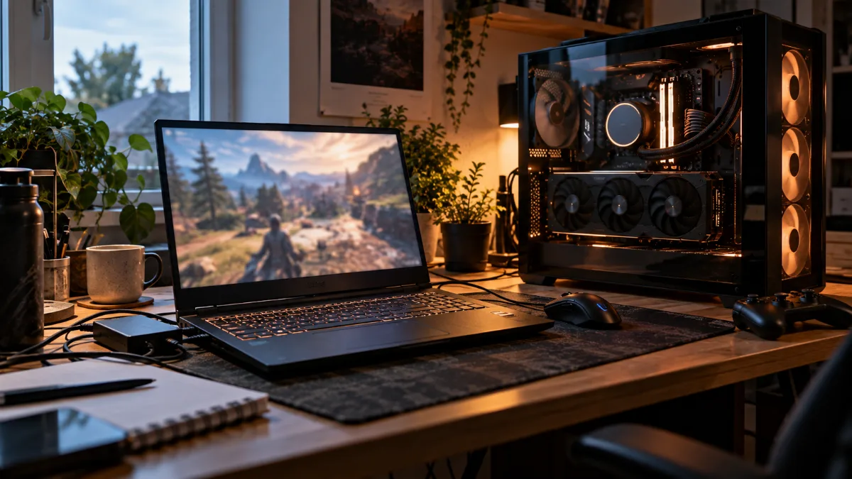 Gaming-laptop naast een gaming-pc-toren op een bureau