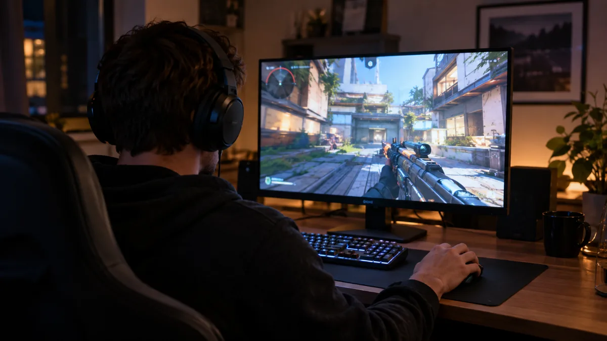 Joueur devant un écran Full HD de 24 pouces pendant une partie de jeu de tir