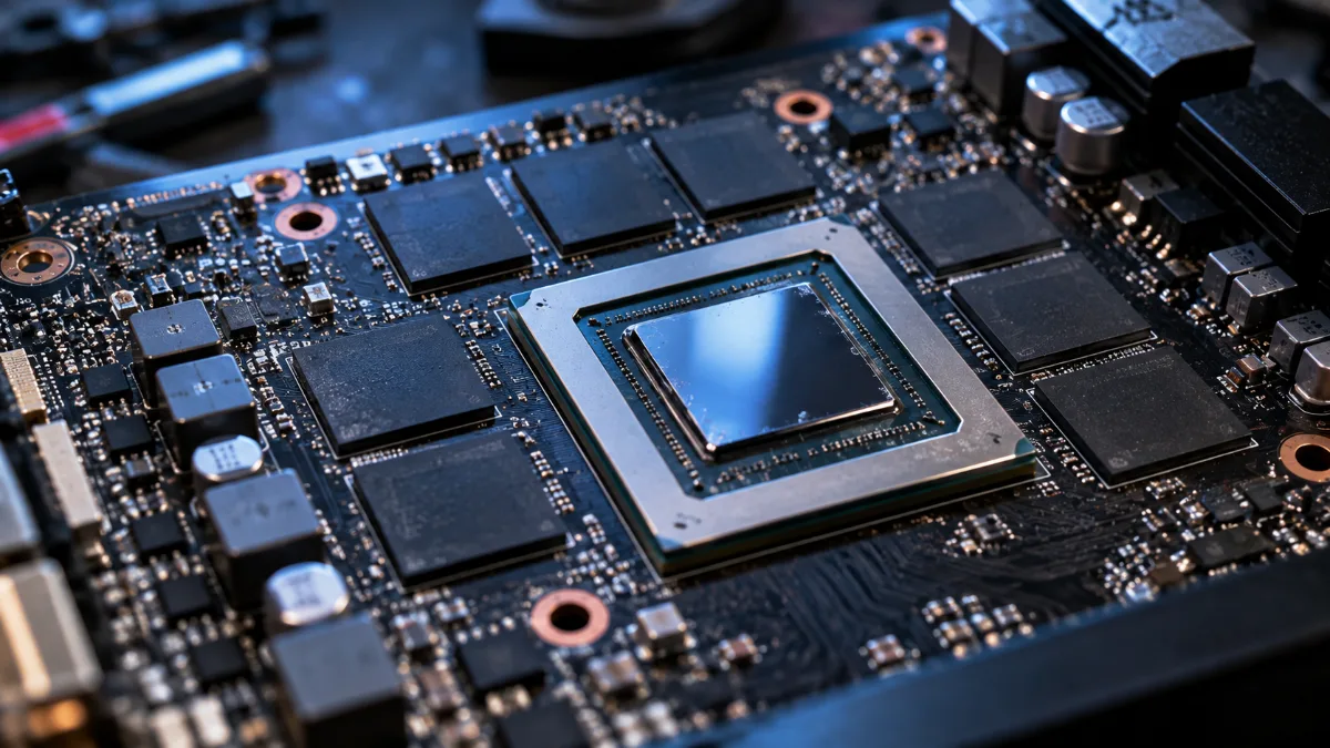 Gros plan sur les puces de mémoire GDDR6 autour du processeur graphique d'une carte graphique