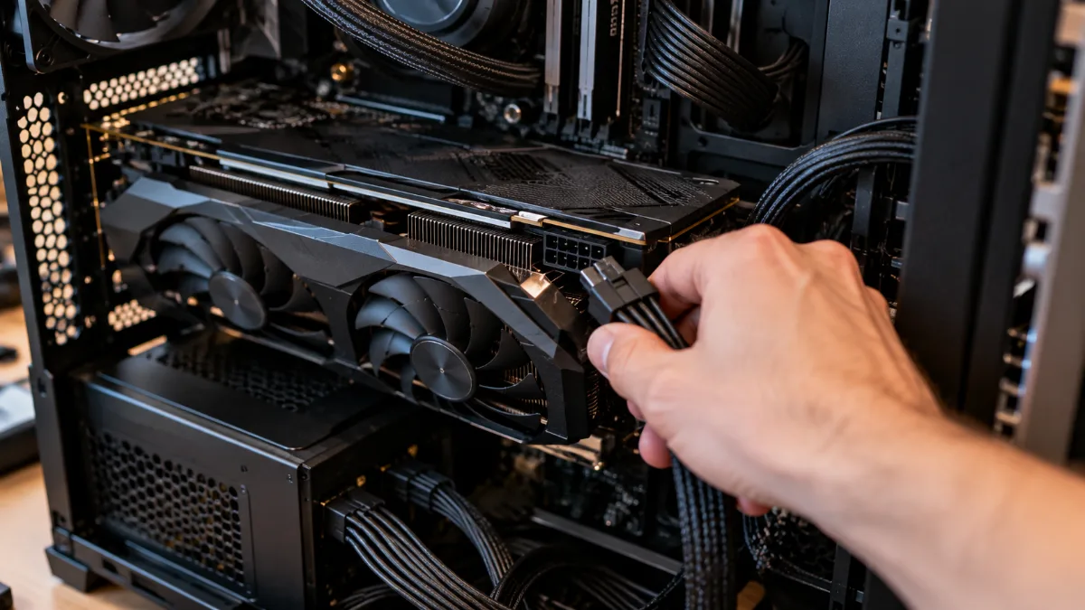 Branchement d'un câble d'alimentation PCIe 8 broches sur une carte graphique dans un PC en montage